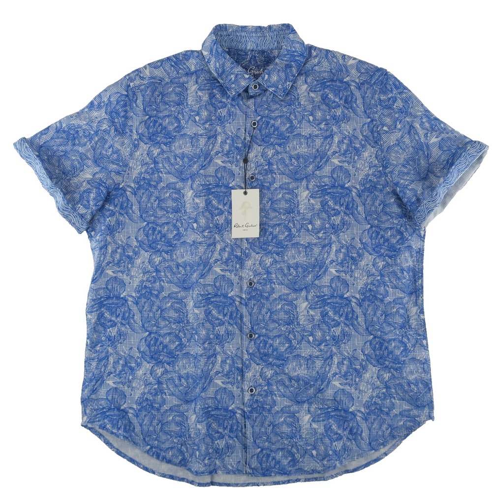 Robert Graham Floral Linen Blend Short Sleeve Button Up Shirt Mens‎ XL Blue $198